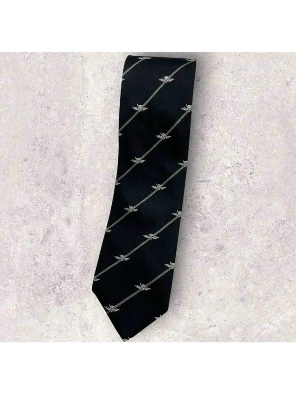 THOMAS PINK Silk Tie Black Gray White Striped Skull Wings W:3.4